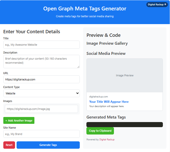 Open Graph Meta Tags Generator - Digital Rackup